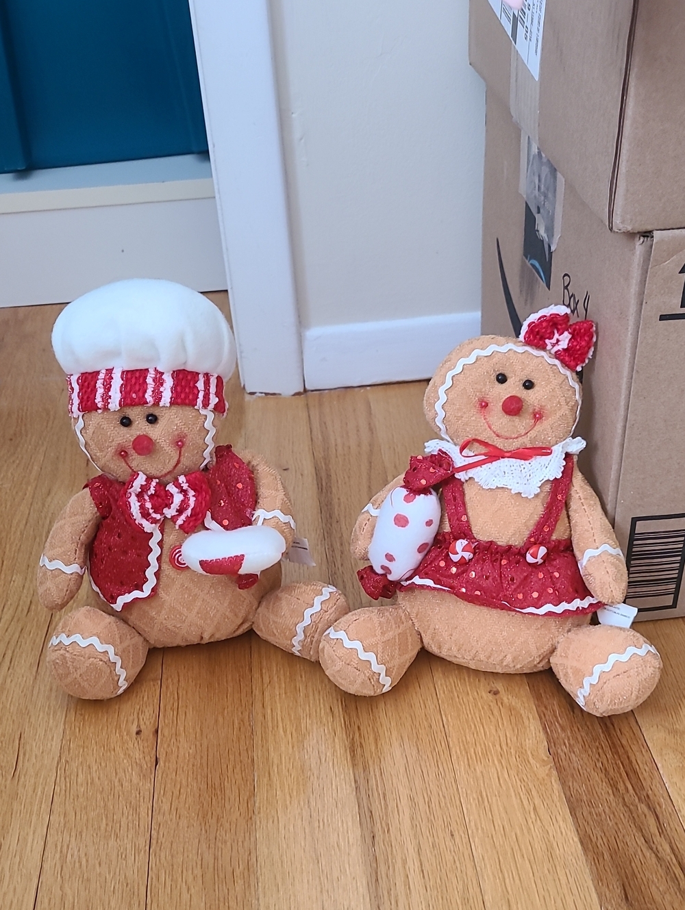 Plush Gingerbread Couple Holiday Dolls - Red & Cream